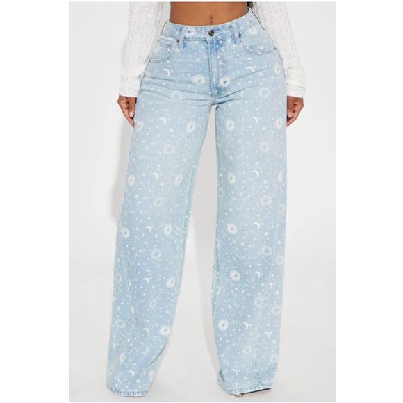 Fashionova Women Baggy Jeans Sz.9 Blue NWT Star Aligning print Jeans boho Y2K - Picture 1 of 9